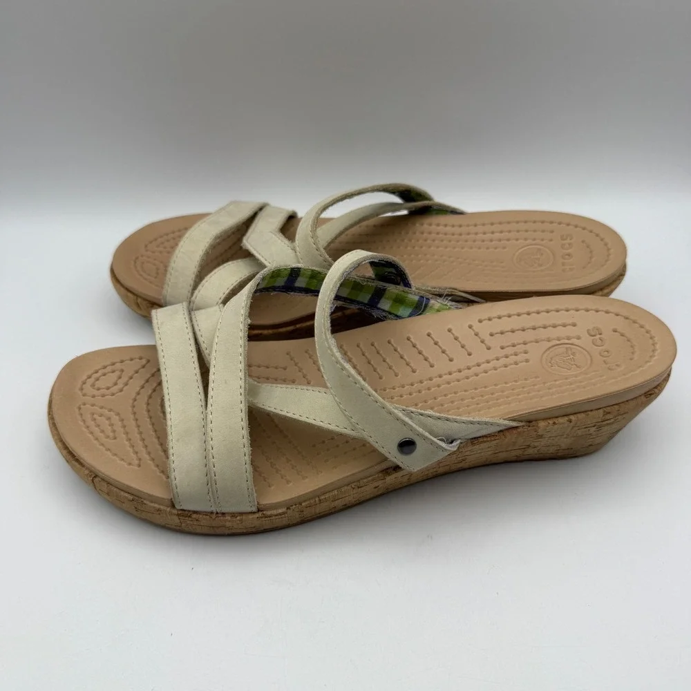Crocs A-Leigh Wedge Sandals Cork Platform Strappy Casual Beige Women's Size 10